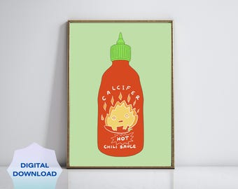 Spicy Sriracha Hot Chili Sauce Digital Art Print| Kawaii Wall Art| Studio Ghibli Art| Instant Download| Living Kitchen Dining Room Decor