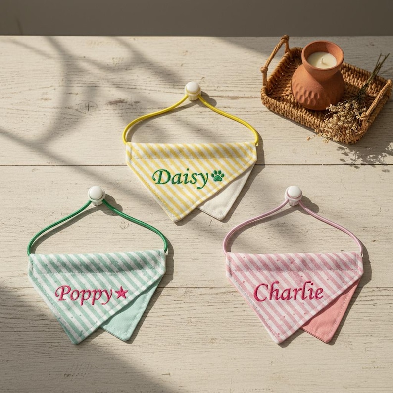 May include: Three personalised dog bandanas in yellow, mint green, and pink, each embroidered with a name. The bandanas feature striped patterns and are attached to elastic bands with white fasteners. A small candle and basket are in the background.