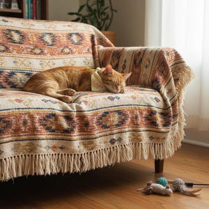 May include: An orange tabby cat sleeps on a sofa draped with a patterned throw. The throw has a cream base with geometric patterns in orange, blue, and brown. It has a fringed edge. Cat toys are on the wooden floor. The sofa is in a room with natural light.