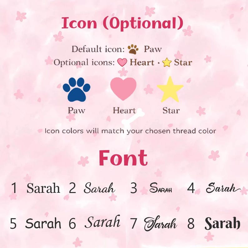 May include: A pink graphic with text and icons. The text reads "Icon (Optional)", "Default icon: Paw", and "Optional icons: Heart, Star". Below are paw, heart, and star icons. The image also shows font examples with the name "Sarah".
