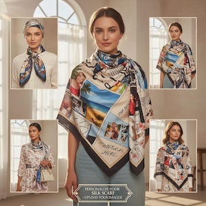 Puede incluir: Un pañuelo de seda beige con borde negro, con un collage de fotos y el texto "WHEN IN HERE" y "YOUR DESIGN". La imagen también muestra a mujeres usando diferentes estilos de pañuelos de seda.