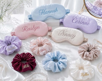 Personalized Satin Sleep Mask with Name, Custom Embroidered Eye Mask & Scrunchie Set, Silk-Like Gift for Women.