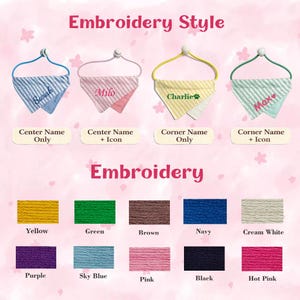May include: Image displaying customisable pet bandanas with different embroidery styles. Bandanas feature names such as "Sarah," "Milo," "Charlie," and "Max." Embroidery colours include yellow, green, brown, navy, cream white, purple, sky blue, pink, black, and hot pink.