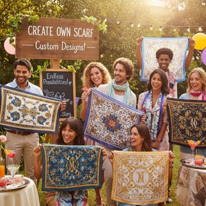 May include: A group of people holding up custom designed scarves with various patterns and colors. The scarves feature floral, geometric, and monogram designs. A wooden sign reads "CREATE OWN SCARF - Custom Designs!"