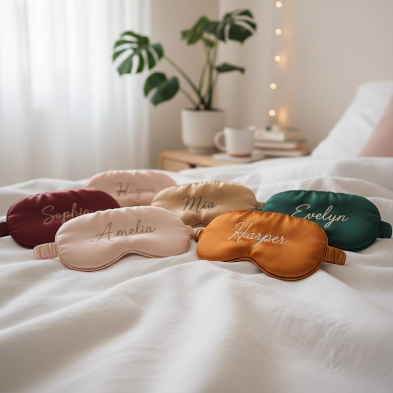 K&ouml;nnte beinhalten: Eine Auswahl an Schlafmasken in den Farben Burgunderrot, Rosa, Beige und Gr&uuml;n, jeweils mit einem Namen bestickt. Die Masken liegen auf einem wei&szlig;en Bett, im Hintergrund eine Zimmerpflanze und Lichterkette.