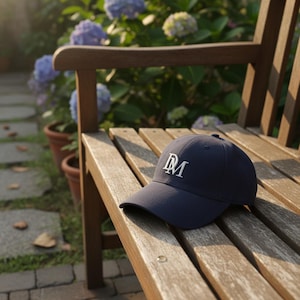 Könnte beinhalten: Eine marineblaue Baseballkappe mit einem weißen, gestickten "DM"-Logo. Die Kappe liegt auf einer Holzbank. Im Hintergrund ist ein Garten mit Blumen und Grün zu sehen.