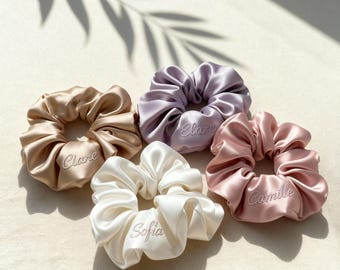 Embroidered Satin Scrunchie | Personalized Hair Scrunchie | Custom Name Scrunchie | Silk Feel Hair Tie | Gift for Women.
