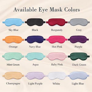 K&ouml;nnte beinhalten: Eine Auswahl an Augenmasken in verschiedenen Farben, darunter Himmelblau, Schwarz, Burgunderrot und Grau. Das Bild zeigt den Text "Available Eye Mask Colors" &uuml;ber den Masken. Weitere Farben sind Orange, Marineblau, Pink, Lila, Mintgr&uuml;n, Aqua, Babyrosa, Dunkelgr&uuml;n, Champagner, Helllila, Wei&szlig; und Hellblau.