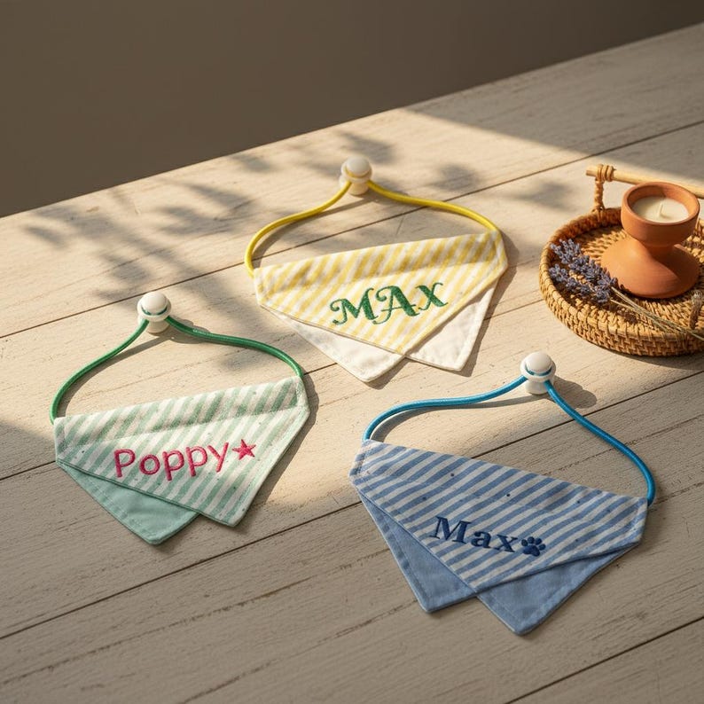 May include: Three dog bandanas with adjustable elastic straps. One is yellow and white striped with "MAX" embroidered in green. Another is mint green and white striped with "Poppy" embroidered in pink. The third is blue and white striped with "Max" and a paw print.