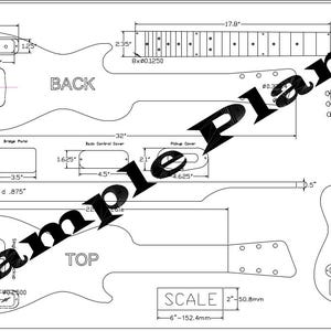 Pode incluir: Planos detalhados em preto e branco de uma guitarra Lap Steel Les Paul. Inclui vistas superior, traseira e lateral com medidas em centímetros. Apresenta peças rotuladas e uma escala.