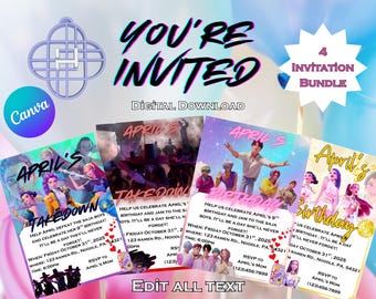 May include: A digital download invitation bundle with four colorful designs. Each invitation features the text "April's" and "Birthday" or "Takedown", with event details. The overall theme is a birthday celebration, with a Canva logo.
