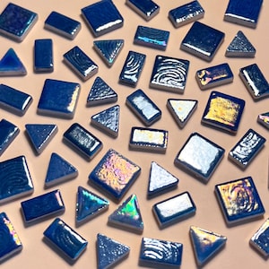 Iridescent Cobalt Sapphire Blue Ceramic Mosaic Tile, 50g, DIY Craft Art Supplies, Small Glazed Square Triangle Rectangle, 3 Sizes 4mm Thick