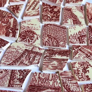 Gothic Pattern Dark Red & White Vintage Plate Mosaic Tile, Handmade Antique Broken China Pieces, Unique Illustrations, DIY Craft Art Supply
