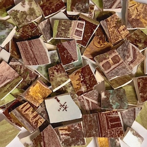 40 Colorful Brown & Green Landscape Mix Vintage Plate Mosaic Tiles, 1.5cm, 1/2 inch, Hand cut Antique Broken Dish, DIY Craft Art Supply