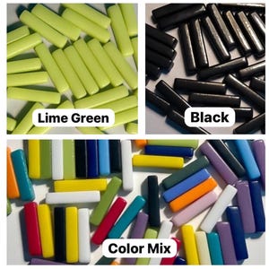 May include: Assortment of glass tile pieces in various colors, including lime green, black, white, yellow, blue, orange, red, pink, and purple. The tiles are rectangular and have a glossy finish. The image is labeled "Color Mix".