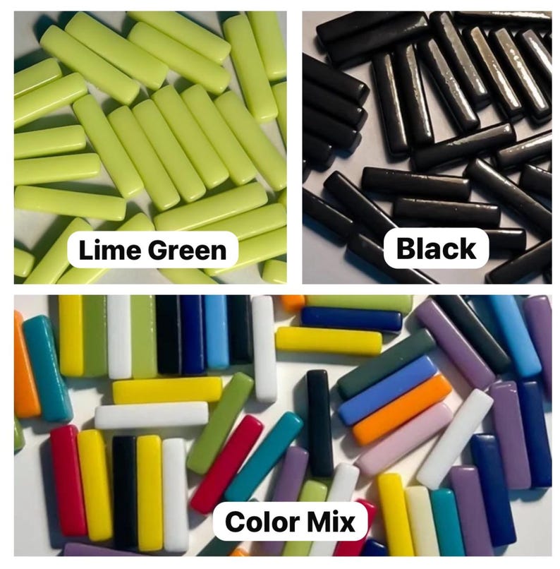 May include: Assortment of glass tile pieces in various colors, including lime green, black, white, yellow, blue, orange, red, pink, and purple. The tiles are rectangular and have a glossy finish. The image is labeled "Color Mix".