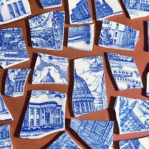 Dark Blue & White Architecture Vintage Hand Cut Mosaic Tiles, DIY Craft Art Supplies, Broken China Dish Shards, Antique Plate Large Pieces