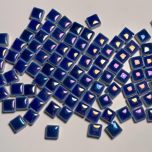 Iridescent Cobalt Indigo Rainbow Blue Mini Glazed Ceramic Mosaic Tile Small, 50g, DIY Craft Art Supplies Tiny Square, 1cm 10mm 5mm Thick