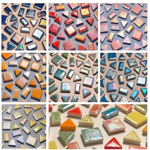 Skimrande färgad keramisk mosaikplatta, gör-det-själv-konstmaterial, 50 g, liten glaserad fyrkantig triangelrektangel, 4 mm tjock, orange röd blå rosa