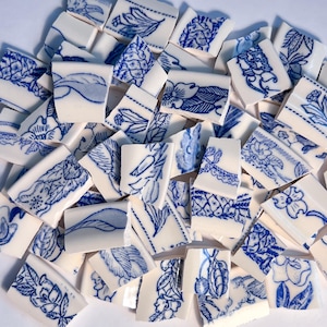 Blue Floral Mix Vintage Broken Plate Mosaic Tile, 100g, 20+ tiles, Hand Cut Antique China Pieces, Illustrated Flower, DIY Craft Art Supply