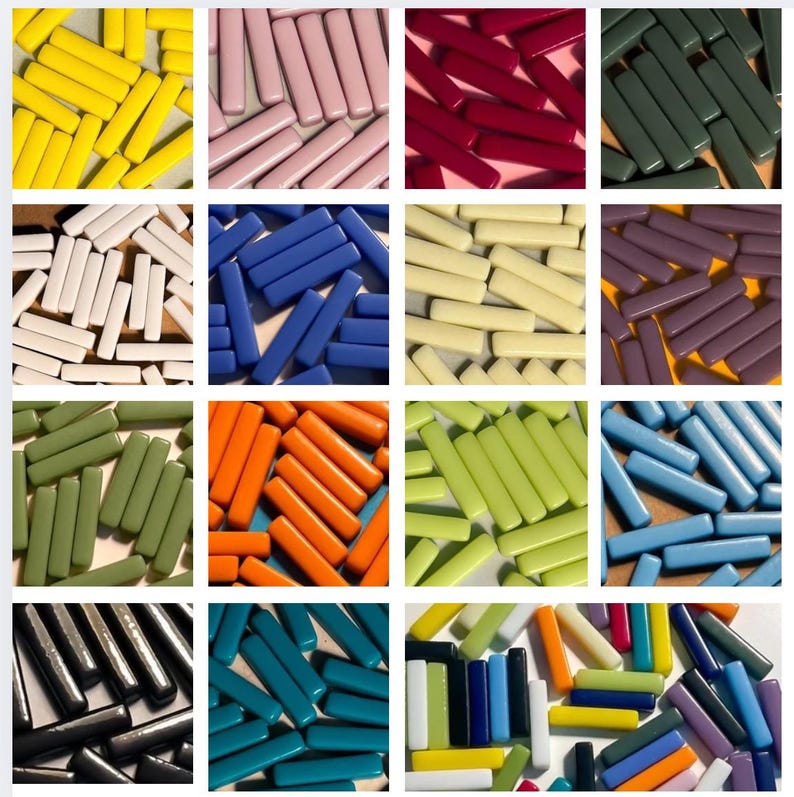 May include: Assortment of colorful glass tile pieces in various shades of blue, green, yellow, red, orange, purple, white, black, and gray. The tiles are rectangular in shape and have a smooth, glossy finish.