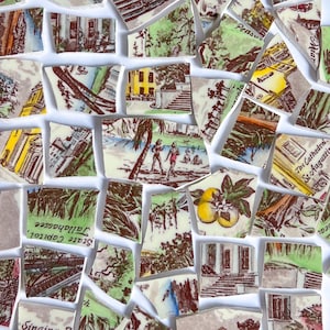 Colorful Tropical Florida Vintage Hand Cut Mosaic Tiles, DIY Craft Art Supplies, Broken China Dish Shards, Unique Antique Plate, Palm Ocean