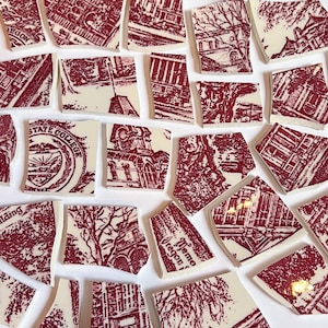 May include: A collection of broken ceramic pieces with a cream background and a maroon illustration. The illustrations depict buildings, trees, and text fragments, including "Oregon" and "State College". The fragments vary in size and shape, creating a scattered mosaic effect.