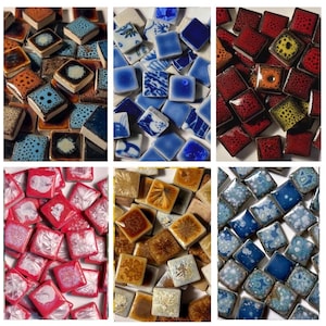 May include: A collection of square ceramic tiles featuring various glaze finishes, including speckled blue, brown, white, red, yellow, and pink patterns. The tiles are arranged in six distinct color-themed groups.
