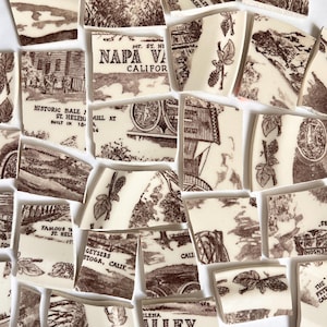 Napa Valley Brown & White Illustration Broken Antique China Mosaic Tiles, Hand Cut Vintage Plate Pieces, Dish Shards, DIY Craft Art Supplies