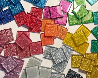 20 Sparkle Glitter Square Colorful Mosaic Tile, Crystal Gloss Glass, DIY Craft Art Supplies, 1 inch 2x2 cm 4mm, Red Pink Green Gold silver