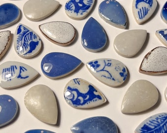 15 Light Cobalt Blue & White China Floral Pattern Mix, Glazed Tear Drop Oval Ceramic Mosaic Tile, DIY Craft Art Supplies, 3cm, 5mm Thicki