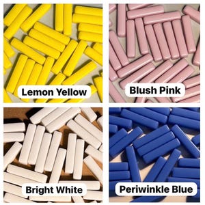 May include: Assortment of colorful glass tile pieces in four colors: lemon yellow, blush pink, bright white, and periwinkle blue. The tiles are rectangular and have a smooth, glossy finish.