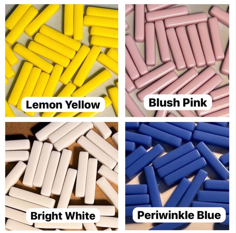 May include: Assortment of colorful glass tile pieces in four colors: lemon yellow, blush pink, bright white, and periwinkle blue. The tiles are rectangular and have a smooth, glossy finish.