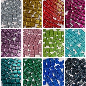 100+ Colorful Glitter Glass Mosaic Tiles, 100g, 1cm square shape, Bright Gem Sparkle, DIY Craft Art Supplies, Green Blue Silver Gold Red