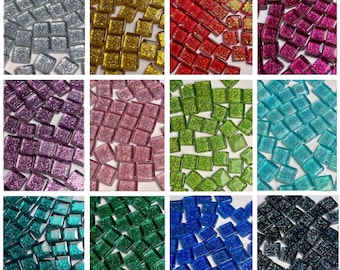 100+ Colorful Glitter Glass Mosaic Tiles, 100g, 1cm square shape, Bright Gem Sparkle, DIY Craft Art Supplies, Green Blue Silver Gold Red