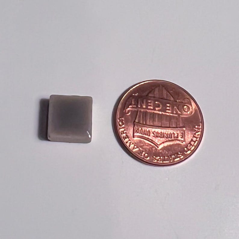 May include: A small, square, grey tile with slightly rounded edges. A U.S. one-cent coin is next to the tile for size comparison. The tile has a smooth, glossy surface.
