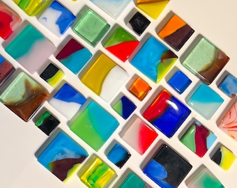 25 Glass Square Mosaic Tile, Color Block Mix, DIY Craft Art Supplies, Red blue green pink Orange, Tie Dye Small Tiny 1/3-3/4 inch, 4mm Thick