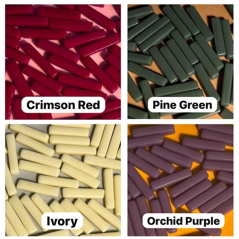May include: Assortment of glass tiles in four colors: crimson red, pine green, ivory, and orchid purple. The tiles are rectangular and have a smooth, glossy finish.