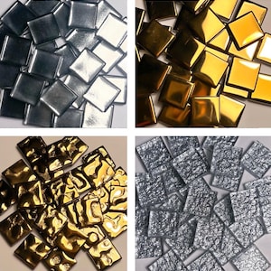 25 Gold & Silver Metallic Glass Mosaic Tile, 1/2 inch squares, 1.5cm, Shiny Solid or Textured, DIY Craft Art Supply, Metal Glazed, 5mm thick