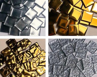 25 goud- en zilvermetallic glasmozaïektegels, 1/2 inch vierkanten, 1,5 cm, glanzend, effen of gestructureerd, DIY Craft Art Supply, metaal geglazuurd, 5 mm dik