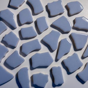 May include: A collection of light blue ceramic tiles in various irregular shapes. The tiles are scattered on a white surface.
