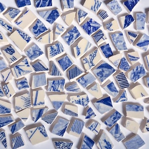 100+ Mini Blue and White Hand Cut Vintage Plate Mosaic Tile, 100g, 6-15mm Tiny Antique Broken China Squares, DIY Craft Art Supply