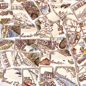 Può includere: Una collezione di frammenti di ceramica rotti con illustrazioni marroni e bianche di paesaggi ed edifici. Alcuni pezzi presentano testo come "Scenic Sp" e "Tate House". I frammenti sono sparsi su una superficie bianca.