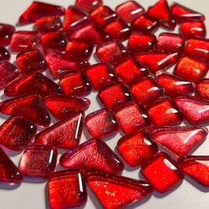 Ruby Red Foil Crystal Glass Mosaic Tile: 100g, Metallic Triangles and Squares, Irregular Sizes, 10-20mm, 4mm thick, DIY Craft Art Supplies