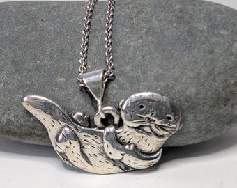 Solid sterling silver Sea Otter and chain necklace