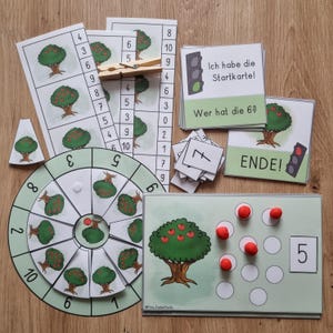 Ensemble de mathématiques | Compter et apprendre les nombres avec des pommiers/compter des pommes | Plage de nombres 10 | Cercle velcro, cartes à pince, tapis de pétrissage, jeu de cartes