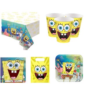 May include: A selection of party supplies featuring the character SpongeBob SquarePants. Includes a tablecloth, paper cups, napkins, a gift bag, and a square plate. The items are yellow, blue, and white.