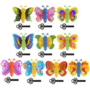 May include: Ten colourful butterfly keyrings with different patterns and colours. Each keyring features a butterfly with a key attached to its body.