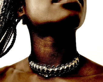 Spinal Core Choker in Polished Brass or Oxidized Black Brass on Black Leather
