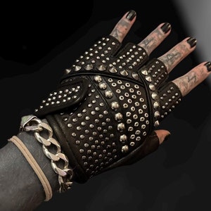 BLAM ROCK Black Leather Studded Unisex Fingerless Gloves